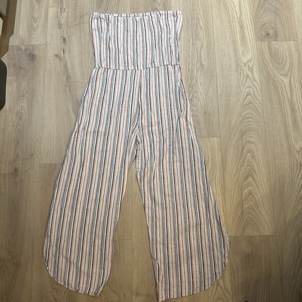 Anthropologie DREW Jumpsuit Tulip Leg Strapless Jumper Pastel Stripe Sz L Linen - Picture 9 of 9